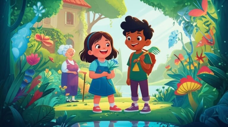 História Infantil sobre Sindrome de Down: Ilustração de Mariana, Rafael e Dona Flora em um jardim secreto, destacando a amizade e a descoberta da beleza na natureza.