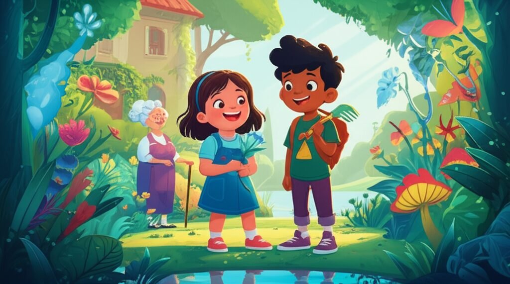 História Infantil sobre Sindrome de Down: Ilustração de Mariana, Rafael e Dona Flora em um jardim secreto, destacando a amizade e a descoberta da beleza na natureza.