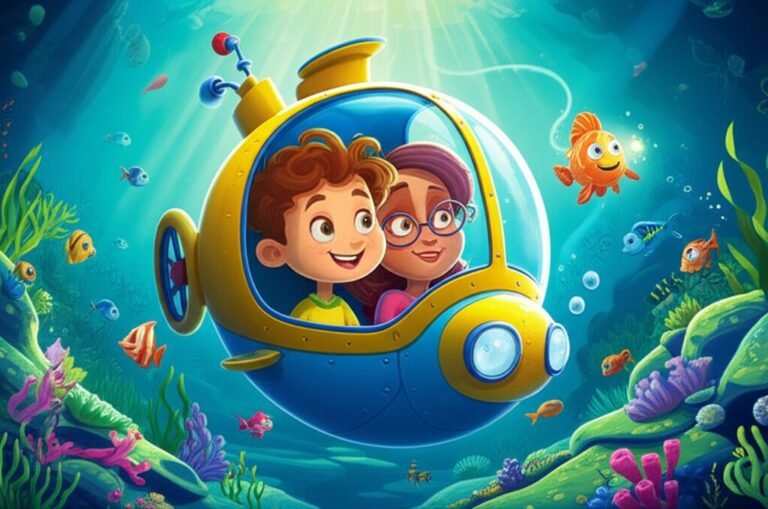 História Infantil: Imagem de Kael e Lúcia dentro de um submarino, guiados por Lumino, o peixe-lanterna, explorando o vibrante e luminoso Sistema Sola no fundo do oceano.