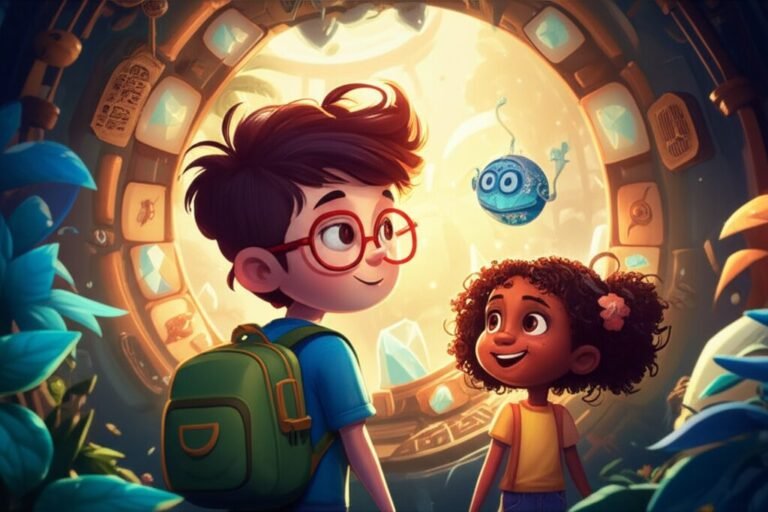 História Infantil: Ilustração detalhada de Artur e Lia explorando o Sistema Sola, uma máquina brilhante em uma estrutura antiga, com o Professor Sabichão ao lado.