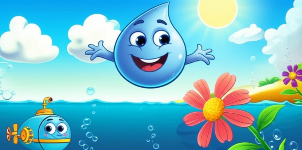 História Infantil A Aventura Aquática de Gotinha Azul: Uma imagem colorida e animada de uma gota d'água feliz flutuando sobre um oceano com um submarino e um deserto com uma flor, representando o ciclo da água.