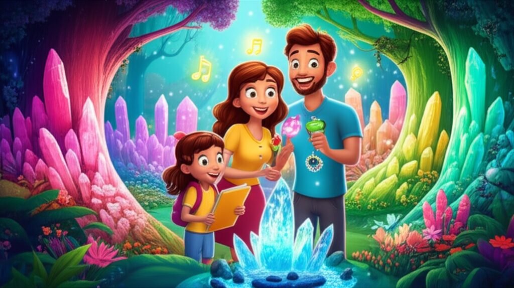 Uma cena vibrante da História Infantil sobre a Família, mostrando Pedro, Sofia e Lara na Floresta Cintilante, com árvores de cristal e notas musicais de luz flutuando, representando a harmonia familiar e a descoberta.