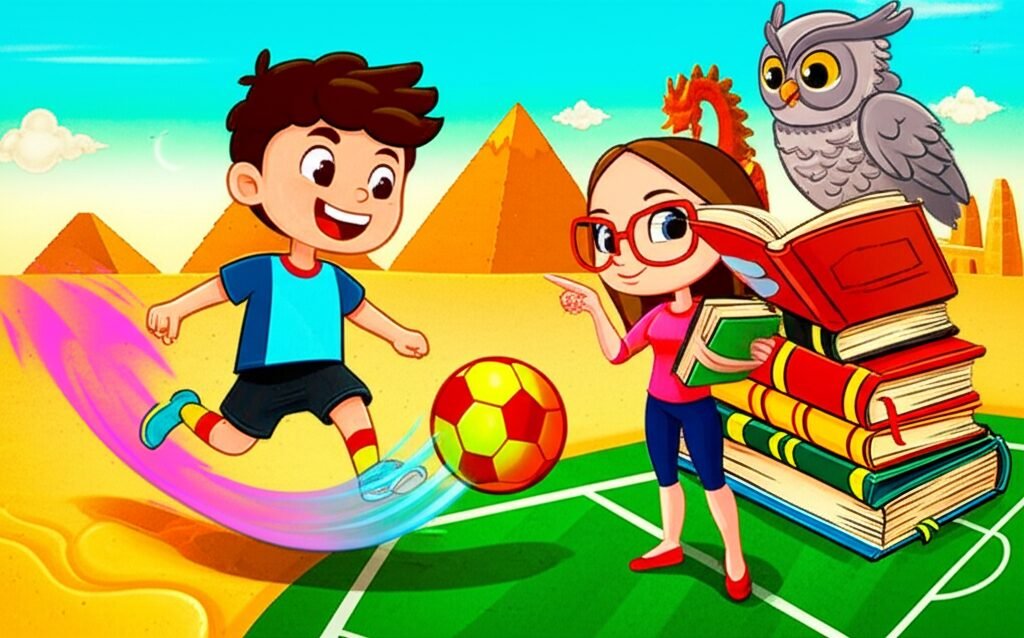 História Infantil: Ilustração alegre de Joca chutando uma bola, Professora Sofia com um livro e Mestre Horácio (coruja) observando, representando a descoberta da história do futebol.