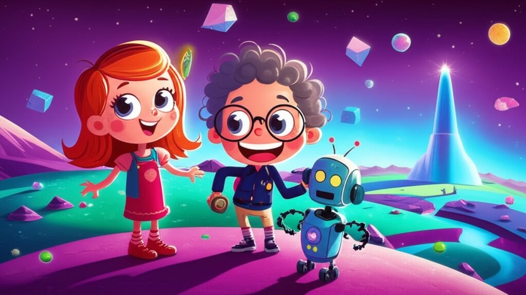 História Infantil sobre a matemática: Ilustração de Júlia, Professor Sabichão e Robô Quanta no Planeta Prisma, um mundo vibrante de formas geométricas, solucionando problemas.