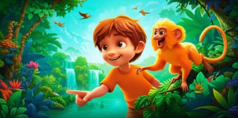 História Infantil sobre a natureza: Imagem de Júlio e Toco, o mico-leão-dourado, em uma floresta exuberante, descobrindo uma cachoeira. A imagem representa a aventura e o aprendizado sobre o meio ambiente.