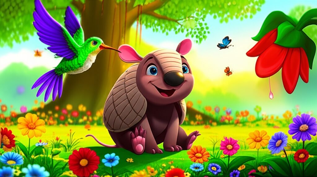 Uma vibrante ilustração da História Infantil O Segredo das Cores Vivas de Jequitibá, mostrando um tatu-bola e uma beija-flor em uma floresta florida, simbolizando a chegada da primavera.