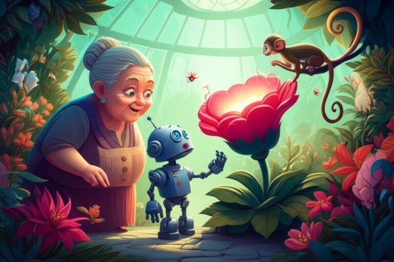 História Infantil O Segredo Florescente do Biodomo Verdejante. Robô Chico, botânica Dona Jurema e mico Tupi observando a flor do amanhecer desabrochando em um biodomo verdejante futurista, sob a luz do sol.