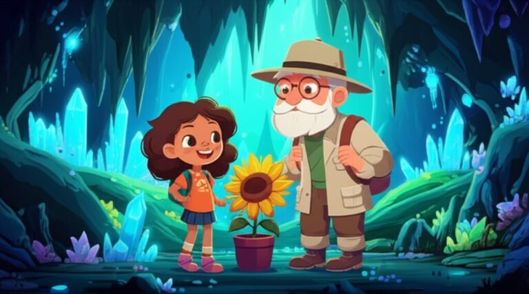 História Infantil: Ilustração de Aurora, Professor Expedito e Gira o Girassol explorando uma caverna subterrânea iluminada por cristais, em uma aventura para descobrir o Coração Azul do Planeta.