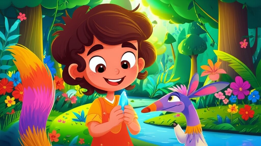 Ilustração da História Infantil sobre as cores: Lia e Teodoro, o Tamanduá-Bandeira, em uma floresta colorida e vibrante, celebrando o retorno das cores após sua aventura.