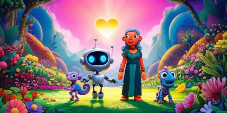 História Infantil sobre as cores. Ilustração de Faísca, Mestra Íris e Camaleãozinho Lila em um vale colorido, mostrando a riqueza das cores.