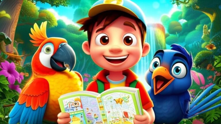 História Infantil O Sumiço do Arco-Íris e a Aventura de Téo, mostrando um menino, uma arara e uma gralha em um vale colorido.