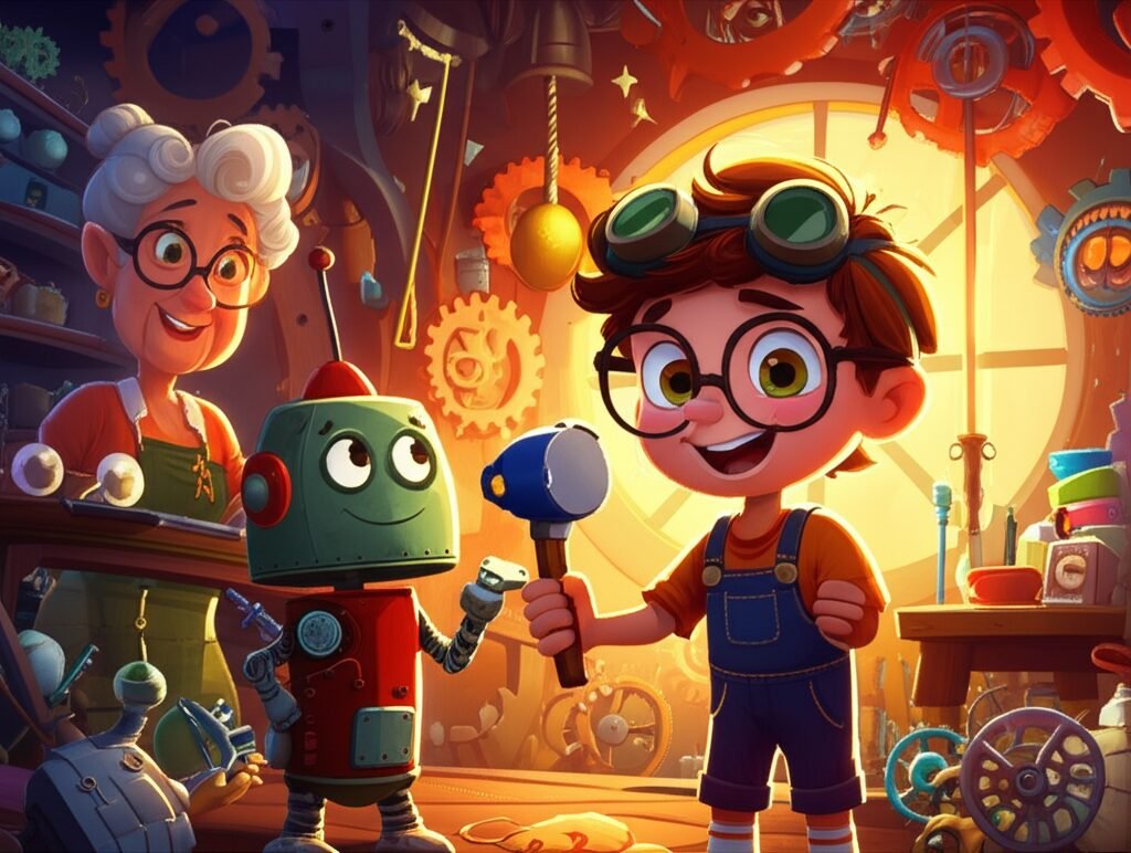 História Infantil O Pequeno Inventor e a Sinfonia das Batidas Leves, com Lucas e seu robô Teco consertando um relógio antigo em uma oficina cheia de invenções.