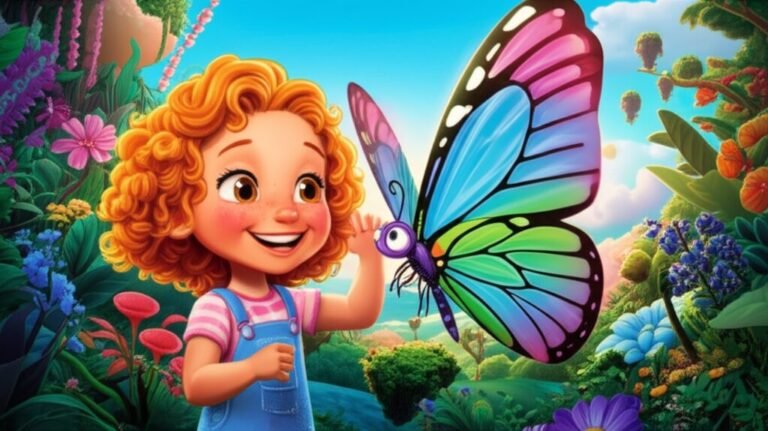 História Infantil sobre Borboletas: Uma menina, Flora, e uma borboleta gigante e colorida, Celeste, em um jardim flutuante cheio de flores vibrantes.