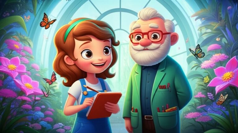 História Infantil sobre Borboletas: Sofia e Professor Elias observando borboletas Lírio em um jardim futurista.