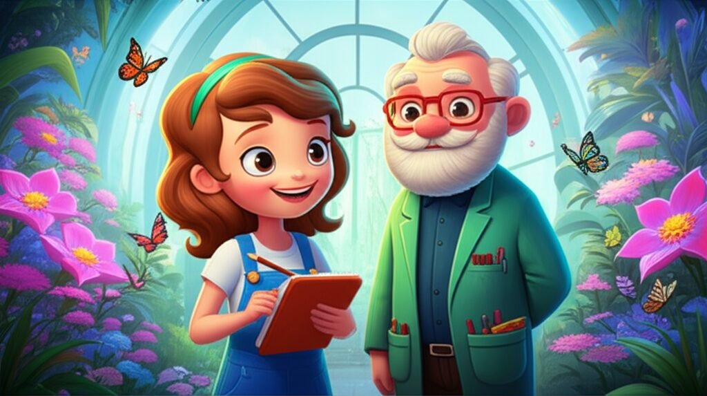 História Infantil sobre Borboletas: Sofia e Professor Elias observando borboletas Lírio em um jardim futurista.