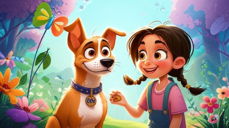 História Infantil sobre o cão Chico e a menina Júlia explorando o Jardim das Maravilhas, com o cata-vento da harmonia ao fundo.