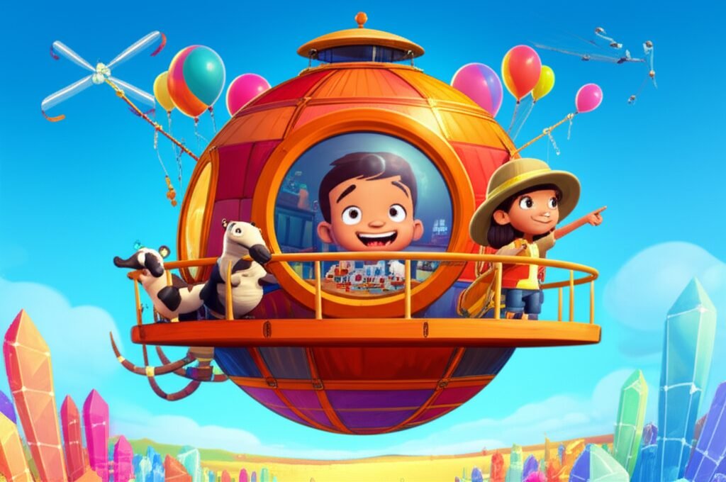 Uma vibrante ilustração da História Infantil A Aventura da Morada Flutuante, mostrando a casa flutuante com balões coloridos, Heitor, Júlia e Pipoca explorando o mundo.