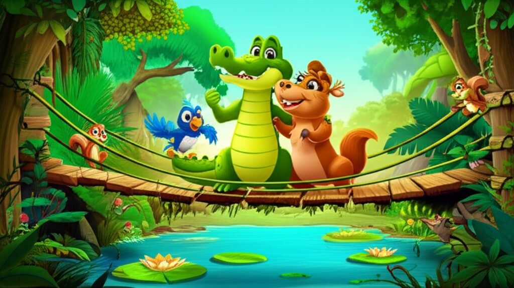 História Infantil A Amizade no Coração do Bioma Fluvial. Um jacaré, uma capivara e um pássaro sorrindo juntos em uma ponte de cipós em um cenário de rio e floresta.