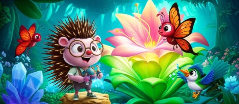 História Infantil sobre Colaboração: A Sinfonia Secreta da Floresta Encantada de Cristal. Imagem dos personagens Jasmim (ouriça inventora), Rubi (borboleta exploradora) e Bento (beija-flor construtor) juntos na Floresta de Cristal, restaurando a Flor-Eco com seus talentos combinados.