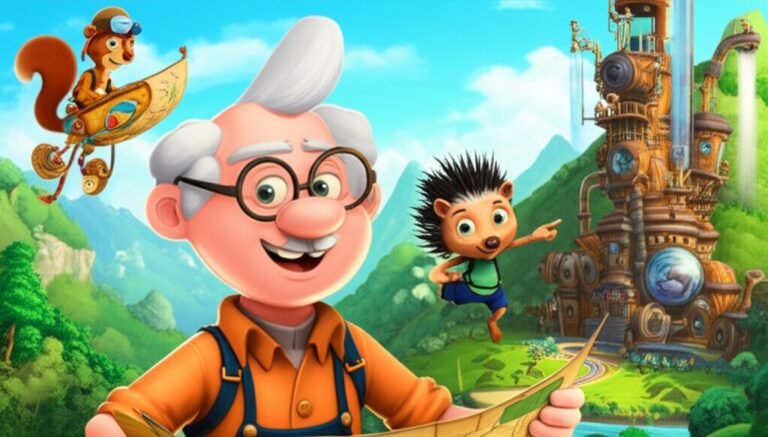 História Infantil sobre cooperação: O Segredo da Máquina do Tempo Quebrada. Imagem que mostra os três personagens principais, Professor Alfredo, Pipoca e Flora, celebrando após consertarem a máquina do tempo.