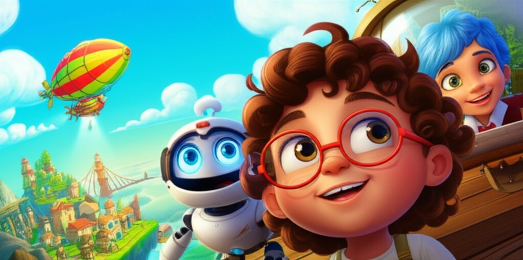 História Infantil sobre Coragem: Ilustração vibrante da pequena inventora Aurora, o robô Chip e a piloto Kiara em um dirigível, com as ilhas flutuantes de Aerovila ao fundo e o Farol Celeste brilhando. A imagem representa a aventura e a superação de desafios.