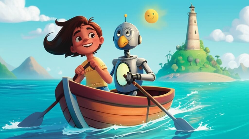 História Infantil sobre Esperança: Anabela, uma menina sorridente, e Baltazar, um robô-gaivota com luz, navegando em um barco rumo a uma ilha com farol. A imagem representa aventura e esperança.