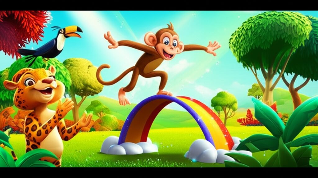 História Infantil O Grande Desafio do Parque das Cores, imagem de Juca, Dona Florinda e Beto participando de um divertido festival de esportes coloridos.