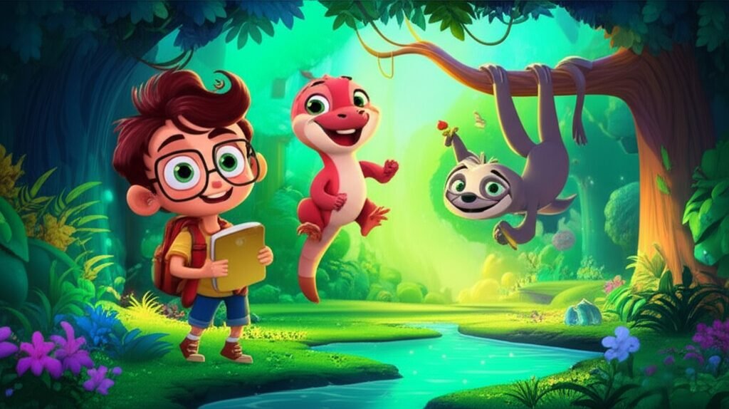 História Infantil sobre Exercícios: Imagem vibrante de Chico, Lola e Bento se exercitando na Floresta Cintilante, ilustrando a história O Segredo da Floresta Cintilante.