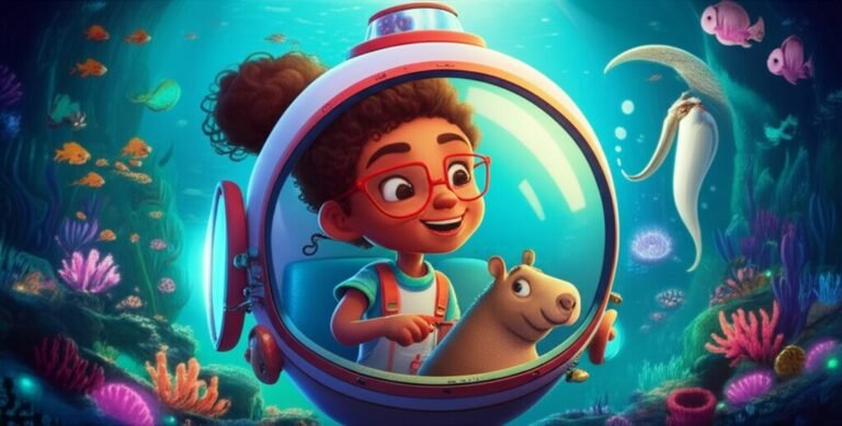 História Infantil: Uma menina cientista Isadora e sua capivara Pipoca exploram a cidade submersa de AquaLuz em um submarino, guiados por um tamanduá-bandeira, com luzes coloridas da cidade ao fundo, transmitindo aventura e descoberta.