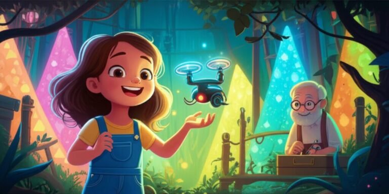 História Infantil sobre Expressão artística: A imagem mostra Lila, uma menina com um drone, criando arte com luz em um jardim, simbolizando a descoberta da sua própria forma de expressão.