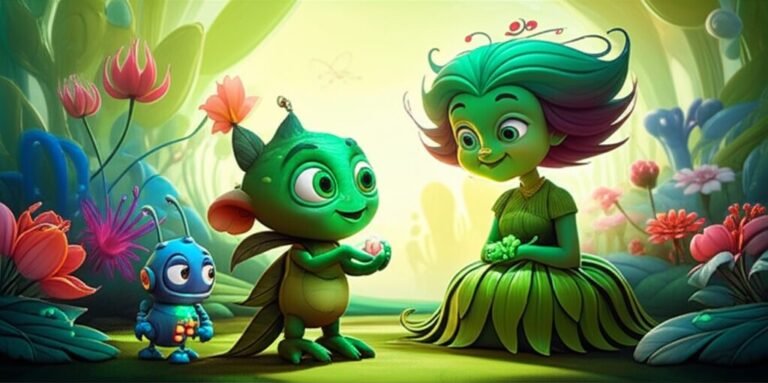 História Infantil sobre germinação: Broto, a Professora Flora e Zeca observando uma semente, representando o início de uma aventura de descoberta no planeta Verdeplanta.