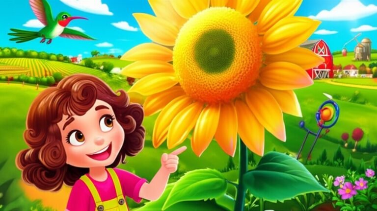 História Infantil O Segredo da Fazenda Encantada de Flora. Imagem de Flora e o beija-flor Pingo admirando um girassol gigante na fazenda de Seu Joaquim.