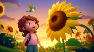 História Infantil sobre girassol: Ilustração de uma menina e um beija-flor descobrindo um girassol único, para a História Infantil O Segredo de Solário, o Girassol Sonhador.