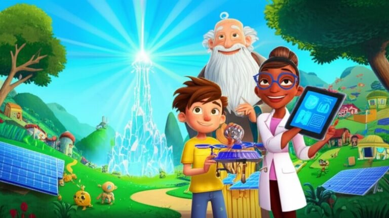 Ilustração da História Infantil O Segredo do Vale da Harmonia, mostrando Bento com um drone, Luzia com um tablet e Mestre Elísio apontando para a Central Solar da Comunidade, simbolizando a união para resolver desafios.