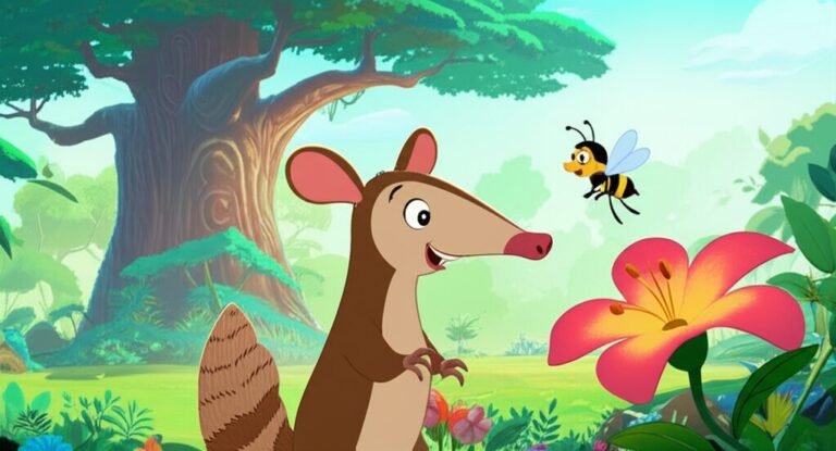 História Infantil: A tamanduá Jupira e a abelha Lara em uma floresta vibrante, simbolizando a gratidão na História Infantil sobre gratidão: A Melodia Secreta da Floresta Serene.