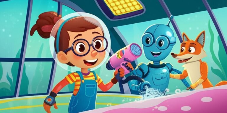 História Infantil sobre Higiene: Marina, Robo-Lúcio e Guará-Sabichão em uma missão de limpeza intergaláctica na Estação Espacial da Limpeza Cósmica, destacando a aventura e a importância da higiene.