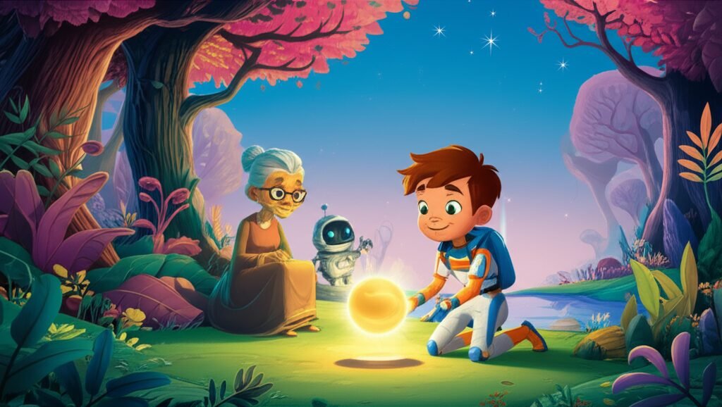 História Infantil sobre Humildade: Ilustração colorida e cativante do explorador Apolo, o robô Lírio e a Vovó Estela interagindo com a Esfera Brilhante no Planeta Brisa, simbolizando a lição de humildade e respeito pela natureza.