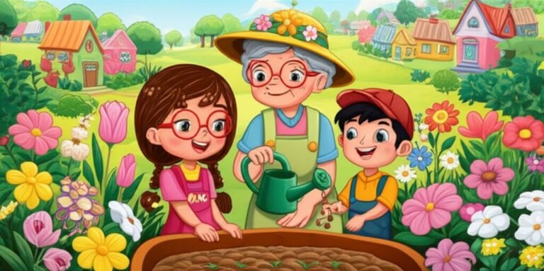 História Infantil sobre Igualdade: Uma imagem vibrante de crianças plantando flores diversas em um jardim, ensinando sobre respeito e valorizando as diferenças. O título é O Jardim Vibrante da Vila Harmonia.