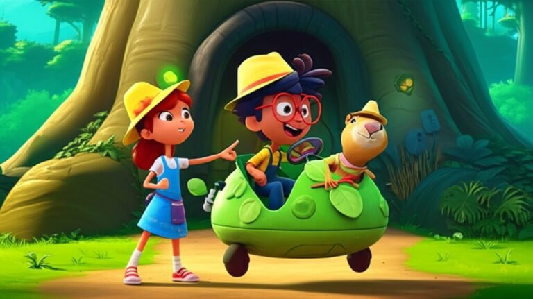 História Infantil: Ilustração do inventor Léo, sua amiga Nina e a capivara Binho celebrando a invenção do Eco-Flutuador na Vila Tecno-Verde, um veículo ecológico que flutua. A imagem transmite a emoção da descoberta científica e a força da amizade.
