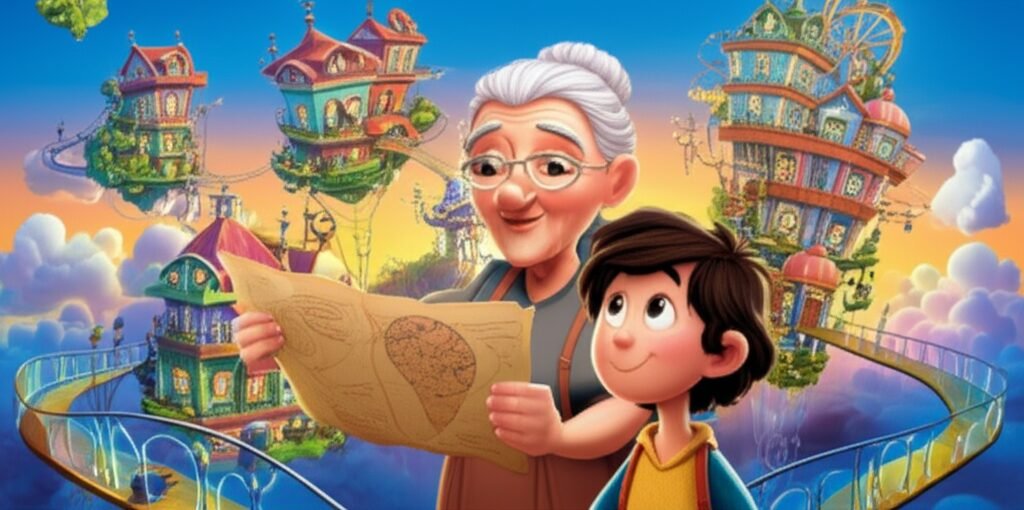 História Infantil sobre Leis: Imagem de Dona Clara, Senhor Bento e Léo na Cidade Flutuante Harmonia, explorando as leis de equilíbrio.