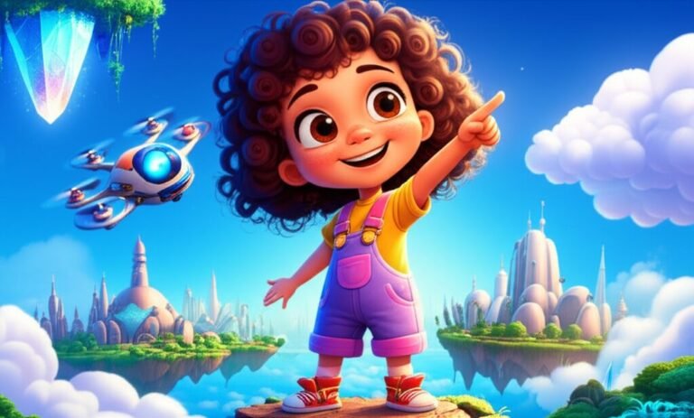 Uma História Infantil sobre Leis: Lia e Kiko, uma menina e um drone, observam a cidade flutuante de Harmonópolis com sua Fonte de Lumina brilhando intensamente ao fundo, simbolizando a restauração da harmonia e o mistério resolvido.