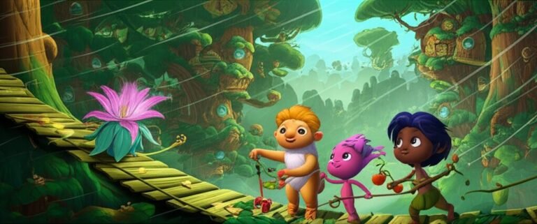 História Infantil sobre Leis: Ilustração mostrando Tico e Lila, os Quibbles, ajudando a reparar a cidade arbórea de Embaúba Viva sob o olhar da Mestra Florinda durante uma ventania, destacando a importância das regras e da cooperação.