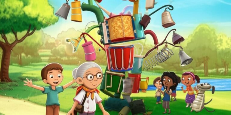 História Infantil A Orquestra Reciclada do Parque Ecotec, mostrando um menino, um tatu e uma senhora em um parque, construindo uma orquestra de instrumentos musicais com materiais reciclados.