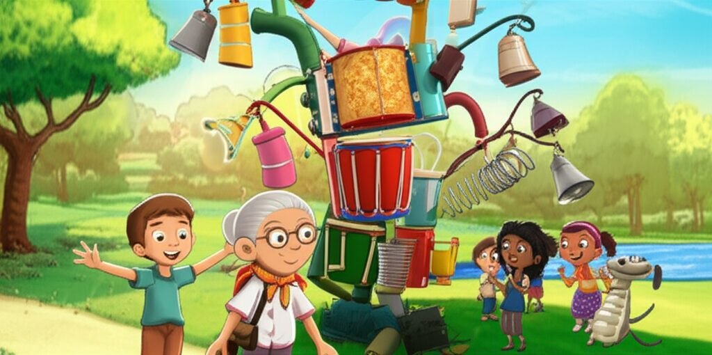 História Infantil A Orquestra Reciclada do Parque Ecotec, mostrando um menino, um tatu e uma senhora em um parque, construindo uma orquestra de instrumentos musicais com materiais reciclados.
