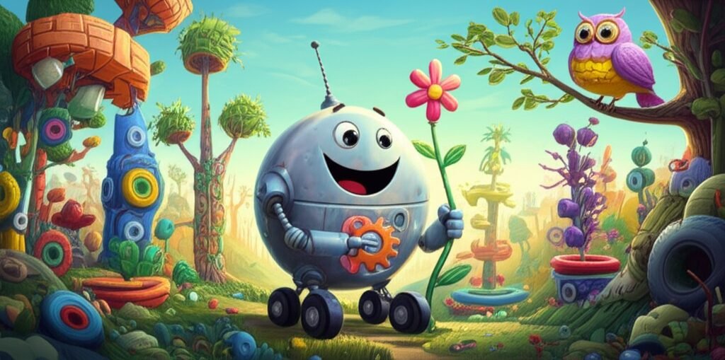 História Infantil A Aventura de Bolinha no Vale do Reutilizar: Ilustração de um robô fofo organizando e transformando itens descartados em um vale verdejante, com uma coruja observando.