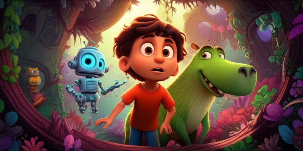 História Infantil sobre Medo: A Aventura da Coragem de Leo e a Sombra Falante. A imagem mostra Leo, Caio e Robô Zeca explorando ruínas misteriosas.