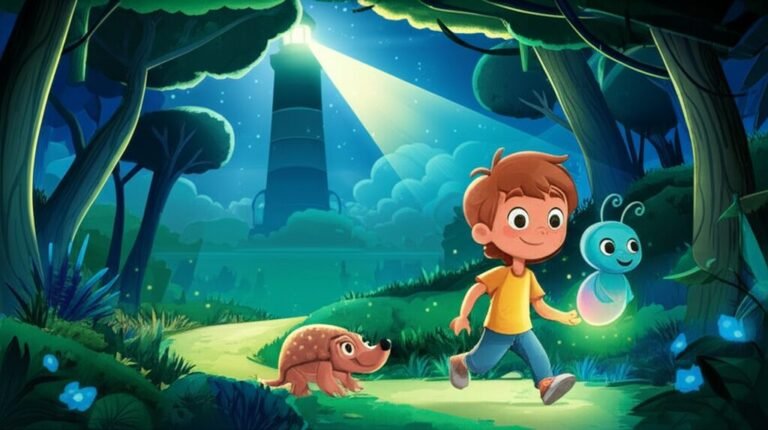 Ilustração da História Infantil O Segredo Luminoso da Noite na Vila dos Pescadores, mostrando o personagem Pedro, uma vaga-lume Lúcia e um tatu-bola Tico caminhando por uma floresta bioluminescente à noite, com um farol ao fundo. A imagem representa a jornada de superação do medo do escuro através da amizade e coragem nesta História Infantil.