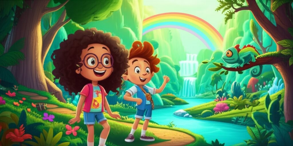 Ilustração vibrante da História Infantil sobre meio ambiente infantil, mostrando Aline e Juca interagindo com o Capitão Cipó, um camaleão, em um vale exuberante com árvores brilhantes e um rio cristalino.
