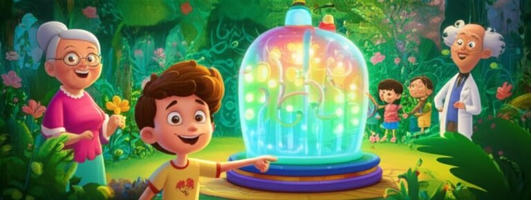 História Infantil: Ilustração do título 'O Segredo da Máquina de Risadas do Dr. Plínio', mostrando Lucas, Dona Emília e Dr. Plínio em um jardim vibrante com a máquina de risadas iluminada.