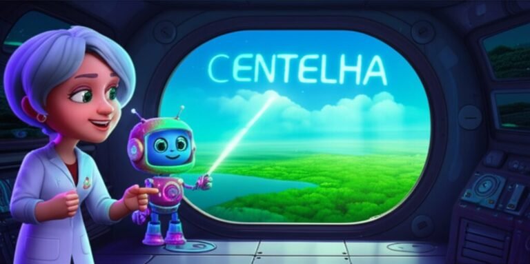 Uma ilustração da História Infantil O Segredo do Nome Centelha, mostrando o alienígena Centelha, o robô Blink e a Professora Ana Clara em uma estação espacial futurista sobre a Amazônia, representando a busca por um nome próprio.